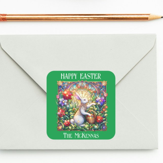 Green Elegant Art Nouveau Bunny Garden Easter Square Sticker (Creator Uploaded)
