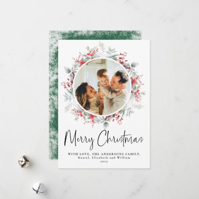 Green Elegant Botanical Wreath Christmas Script Holiday Card (Front/Back In Situ)