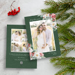 Green Elegant Christmas Photo Collage Holiday Card<br><div class="desc">Celebrate this festive season with our Green Elegant Christmas Photo Collage Holiday Card. Hand-painted with love, these cards showcase an exquisite blend of cream flowers, red berries, and green botanicals, all set against a choice of red, dark green, or black backgrounds. Perfect for those who appreciate artisanal beauty with a...</div>