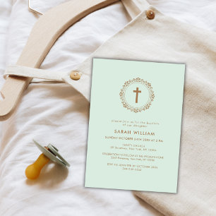 Green Elegant Classic Cross Wreath Baptism  Invitation