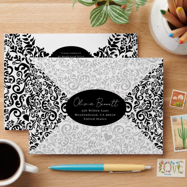 Green Elegant Dark Damask Pattern Envelope (Desk)