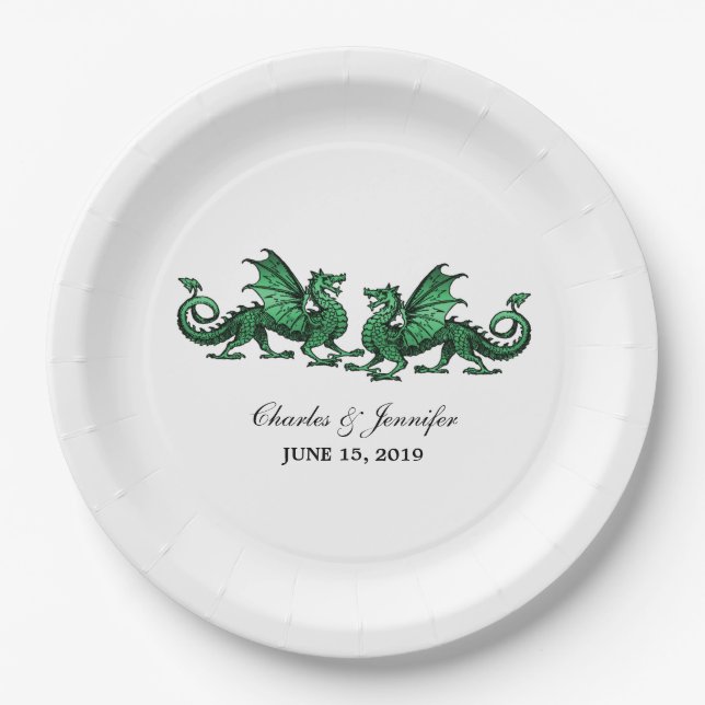 Green Elegant Dragons Wedding Paper Plates (Front)
