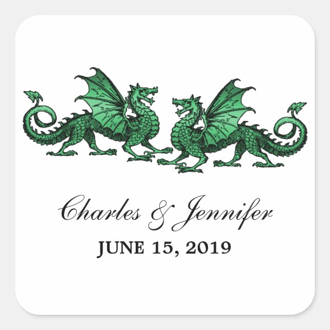 Green Elegant Dragons Wedding Stickers (Front)