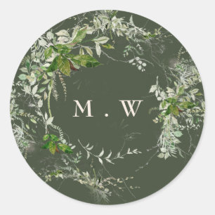 Green Elegant Eucalyptus Wreath Monogram Wedding Classic Round Sticker
