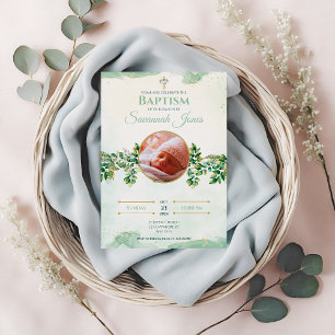 Green Elegant Floral Custom Photo Baptism Invitation