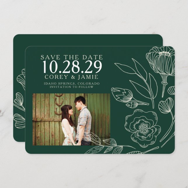 Green Elegant Floral Wedding Save The Date (Front/Back)