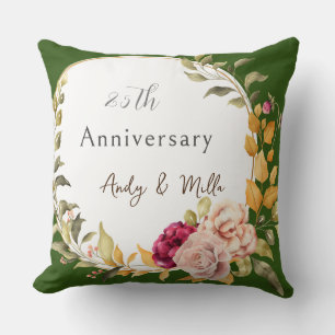 Green Elegant Floral Wreath 25th Wedding  Cushion