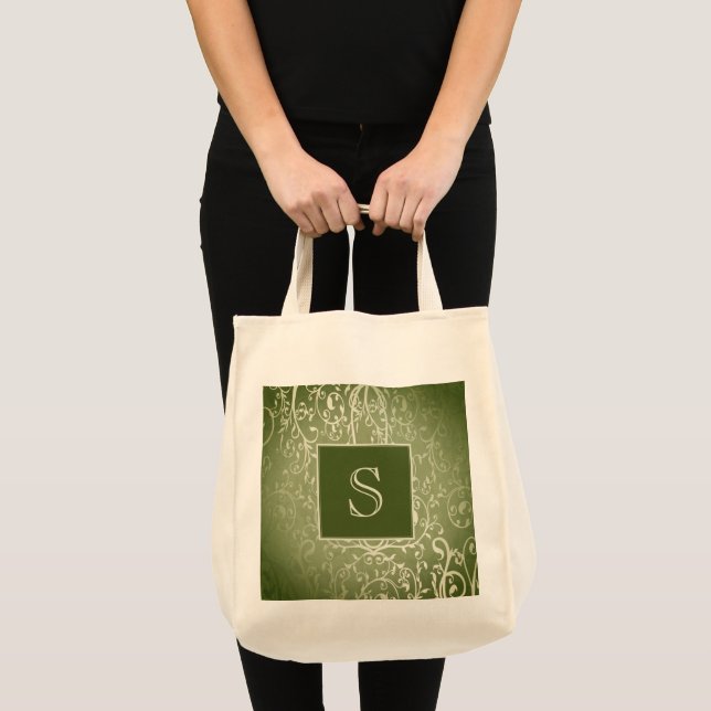Green Elegant Flourish Monogram Tote Bag (Front (Product))