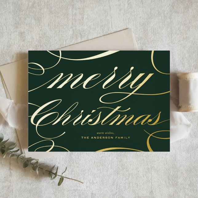 Green Elegant Flourish Script Merry Christmas (This elegant Merry Christmas card features a beautiful flourish script in gold foil.)
