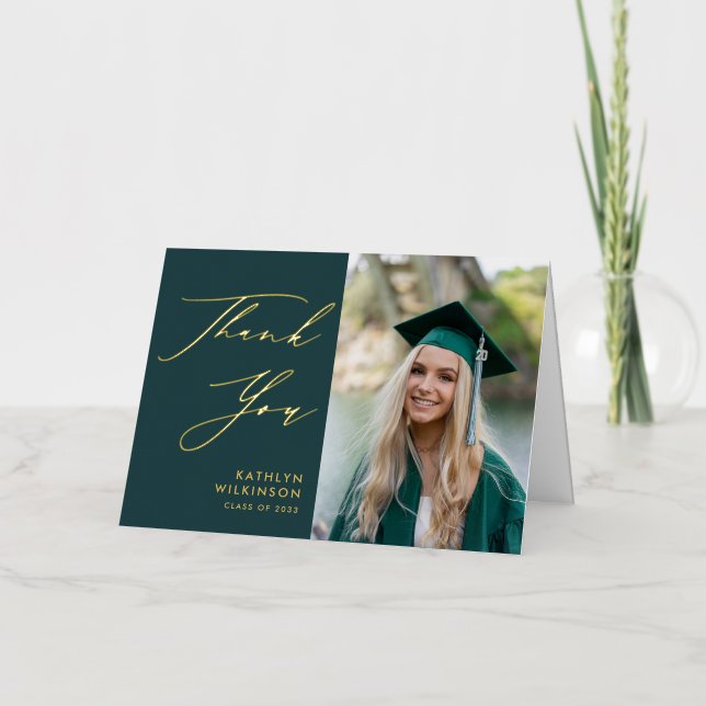 Green Elegant Gold Script Graduation Thank You Foil Greeting Card (Front)