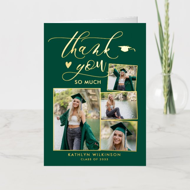 Green Elegant Gold Script Graduation Thank You Foil Greeting Card (Front)