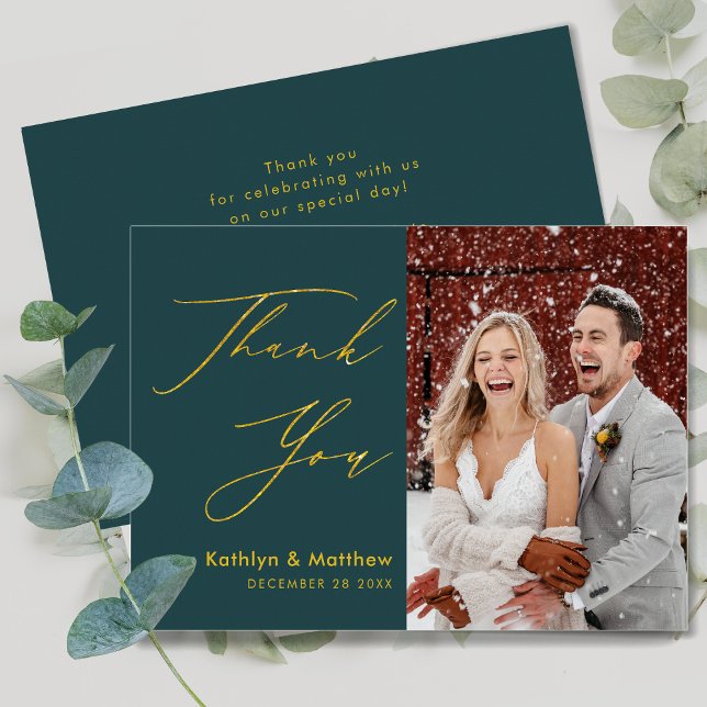 Green Elegant Gold Script Modern Photo Wedding Thank You Card (Creator Uploaded)