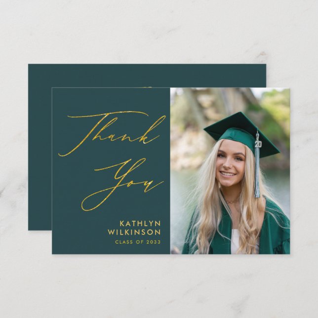 Green Elegant Gold Script Simple Photo Graduation Thank You Card (Front/Back)