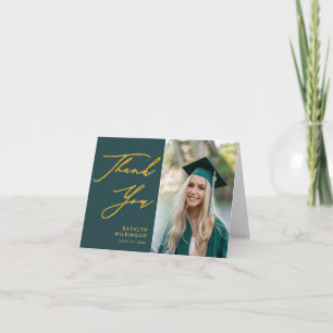 Green Elegant Gold Script Simple Photo Graduation Thank You Card