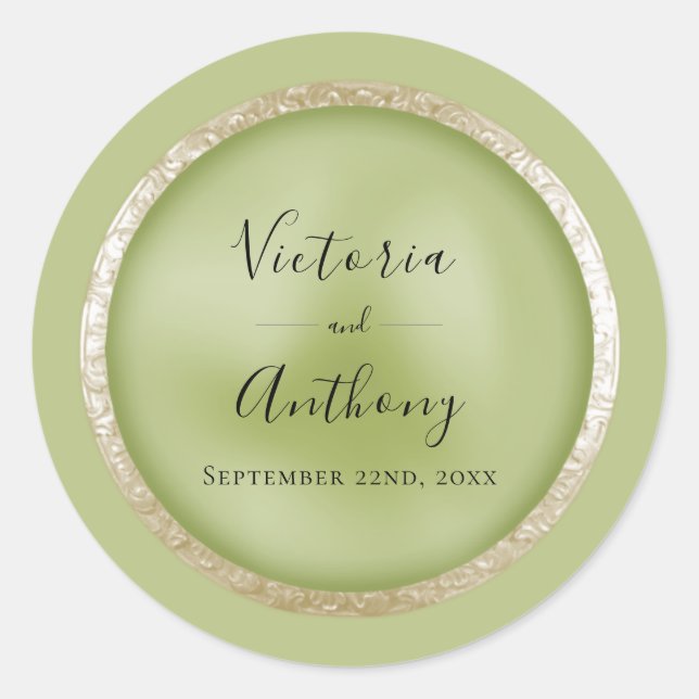 Green Elegant Gold Wedding Classic Round Sticker (Front)