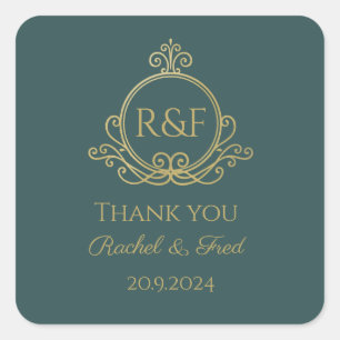 Green Elegant Golden Calligraphy Wedding Thank you Square Sticker