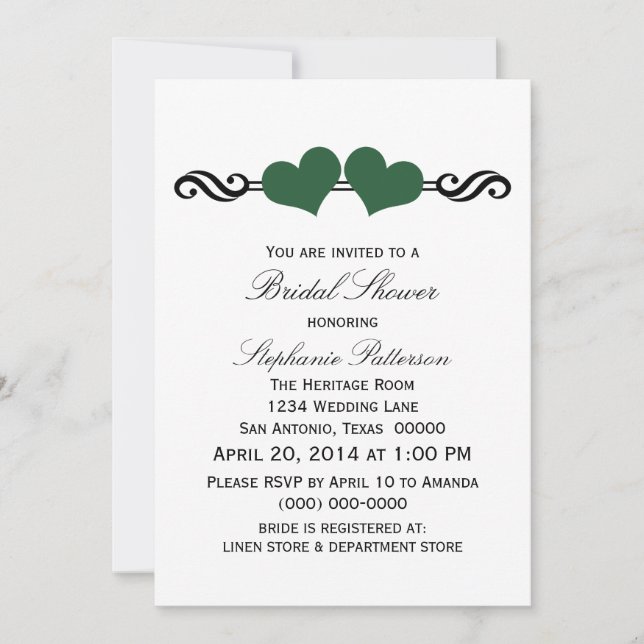 Green Elegant Hearts Bridal Shower Invite (Front)