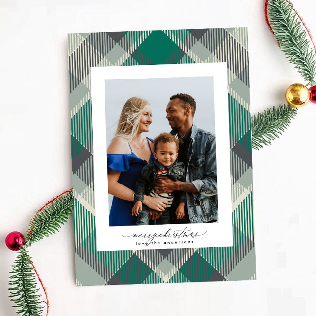 Green Elegant Merry Christmas Custom Plaid Photo Holiday Card (Creator Uploaded)