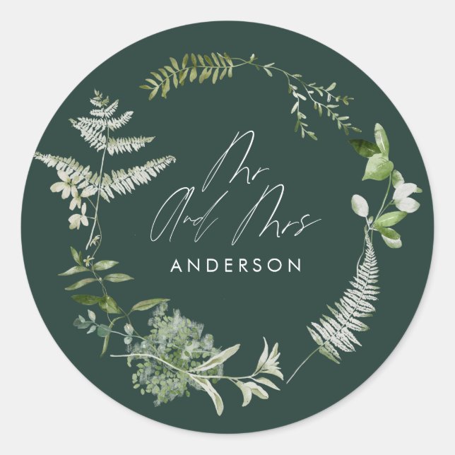 Green elegant modern botanical script wedding classic round sticker (Front)