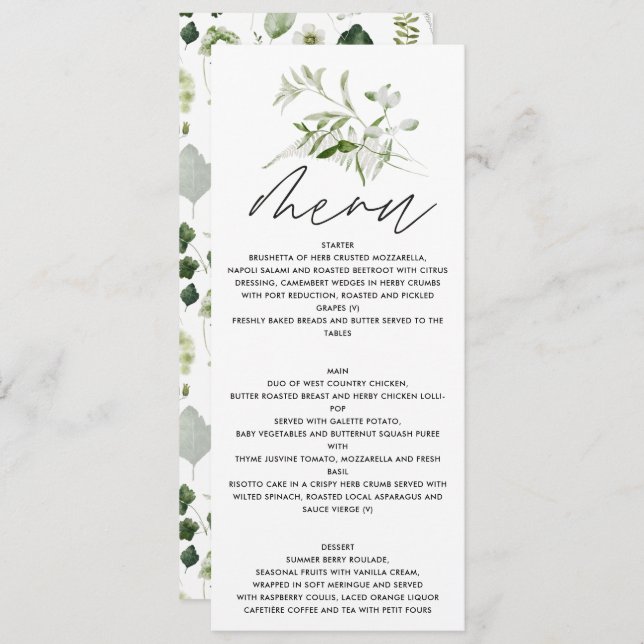 Green elegant modern botanical script wedding menu (Front/Back)