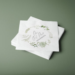 Green elegant modern botanical script wedding napkin