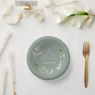 Green elegant modern botanical script wedding pape paper plate