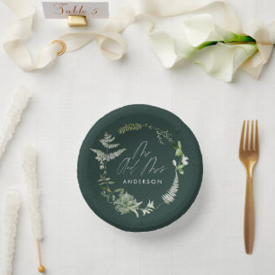 Green elegant modern botanical script wedding paper plate