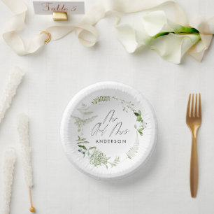 Green elegant modern botanical script wedding paper plate