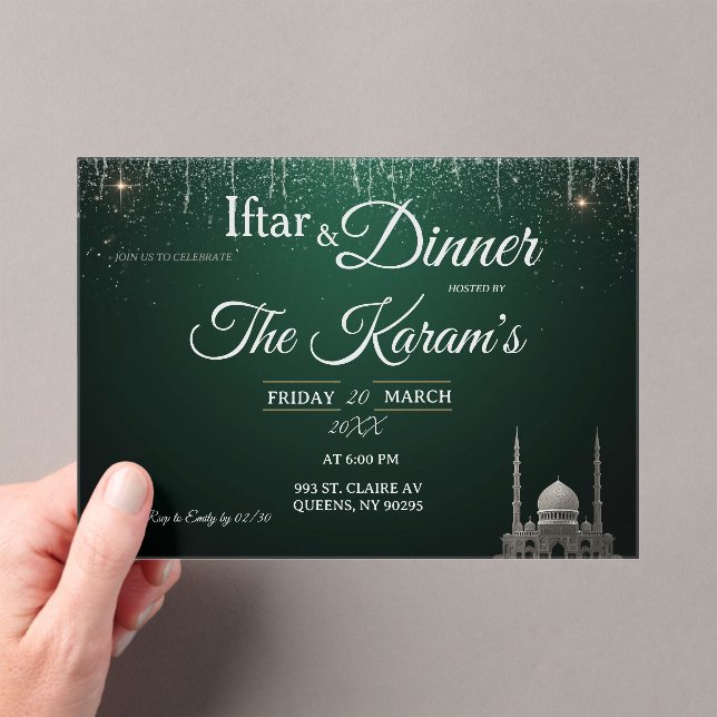 Green Elegant Mosque Ramadan Iftar Party  Acrylic Invitations (Insitu (Handheld))