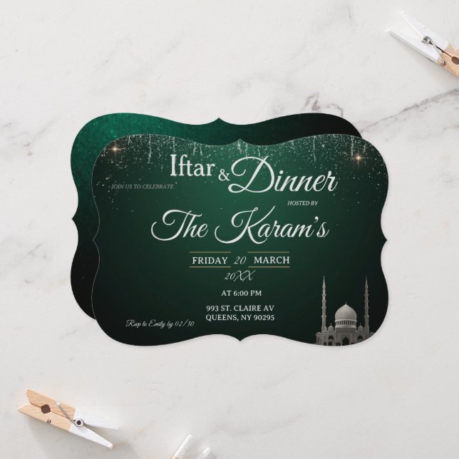 Green Elegant Mosque Ramadan Iftar Party  Invitation (Front/Back In Situ)