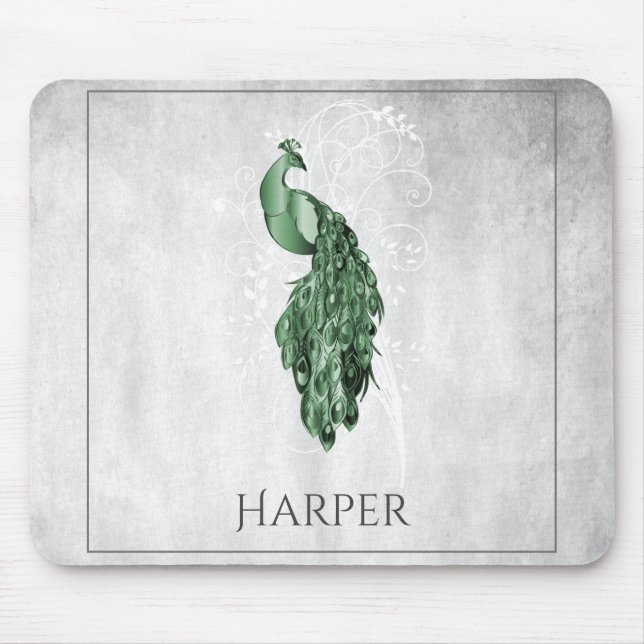 Green Elegant Peacock Personalised Mouse Pad (Front)