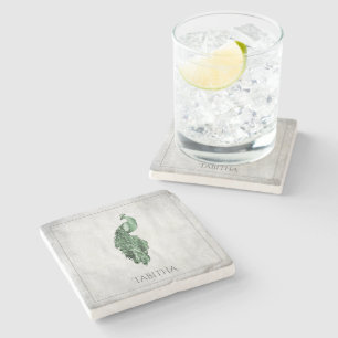 Green Elegant Peacock Personalised Stone Coaster