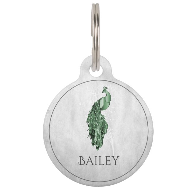 Green Elegant Peacock Round Pet Tag (Front)