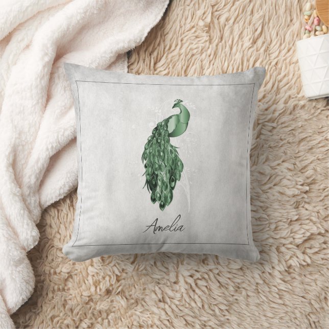 Green Elegant Peacock Throw Pillow (Blanket)