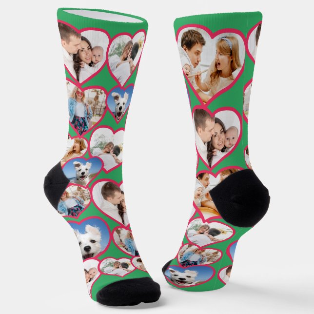 Green Elegant Red Heart Pattern | 5 Photo Collage Socks (Angled)