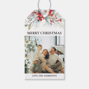 Green Elegant Script and Photo Berries Christmas Gift Tags