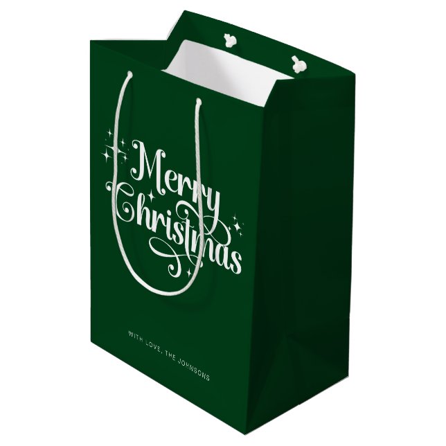Green Elegant Trendy Retro Script Merry Christmas Medium Gift Bag (Back Angled)