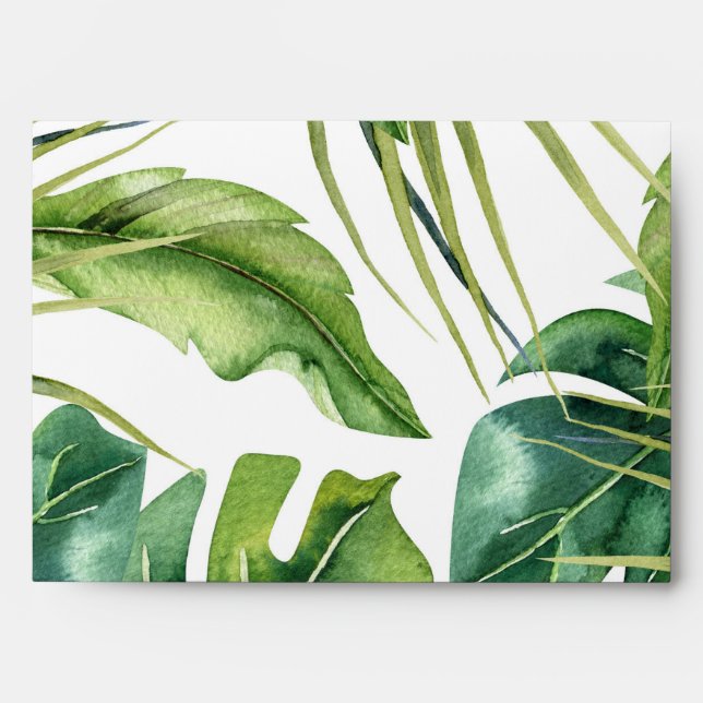 Green Elegant Tropical Summer Palm Leaves Wedding Envelope (Front)