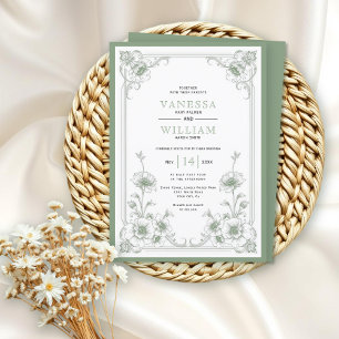 Green elegant vintage floral frame wedding invitation