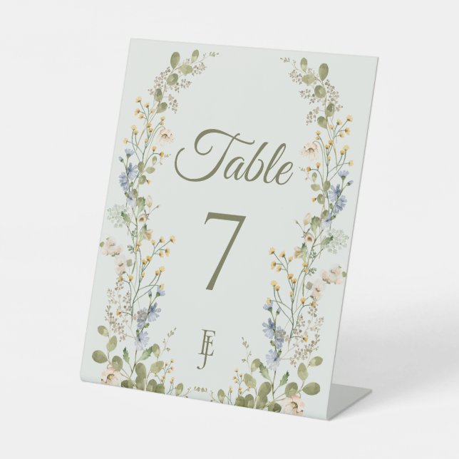 Green Elegant Wildflower Wedding Table Number Pedestal Sign (Front)