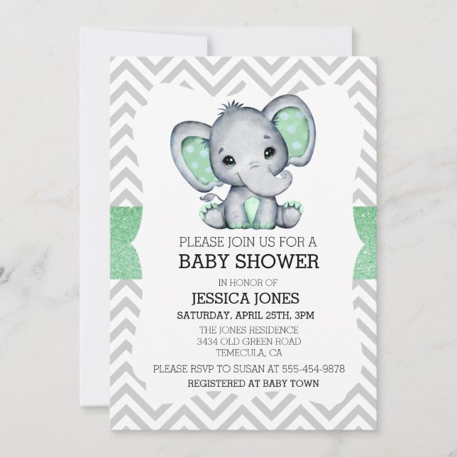 Green Elephant Chevron Glitter Baby Shower Invitation (Front)