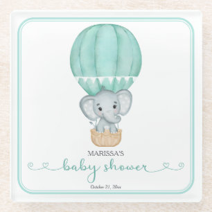 Green Elephant Gender Neutral Baby Shower Glass Coaster