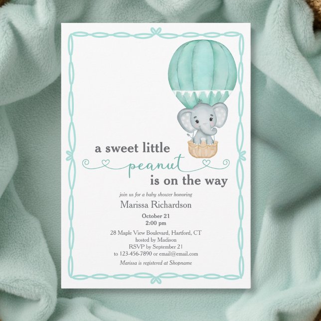 Green Elephant Gender Neutral Baby Shower Invitation (elegant sweet little peanut green elephant balloon gender neutral baby shower invitation card)