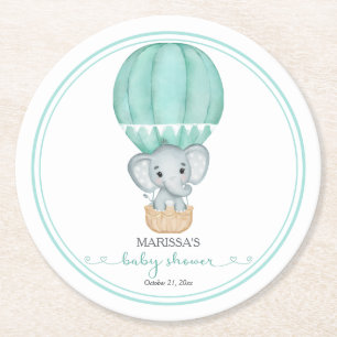 Green Elephant Gender Neutral Baby Shower Round Paper Coaster