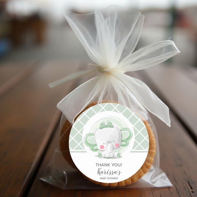 Green Elephant Unisex Baby Shower Classic Round Sticker (Green Elephant Unisex Baby Shower Stickers)