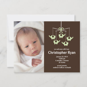 Green Elephants Baby Boy Birth Annoucement Invitation