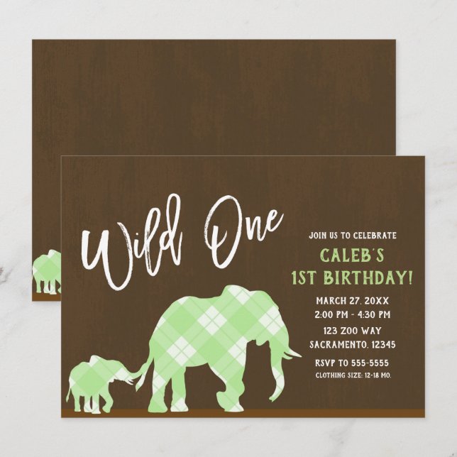Green Elephants Brown Modern WILD ONE 1ST Birthday Invitation (Front/Back)