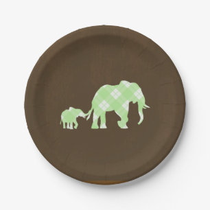 Green Elephants Brown Trendy Modern Baby Shower Paper Plate