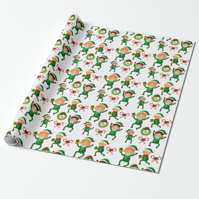 Green Elf Candy Cane Christmas Watercolor Wrapping Paper (Unrolled)