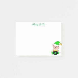 Green elf & gold coins on white post-it notes